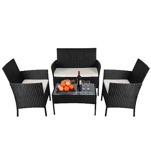 PAIQIAN Patio Furniture Set,4 Piece Garden Conversation Bistro Set, Outdoor Wicker Rattan Table and Chairs, Black Patio Set, Sectional Sofa with Thick Cushion for Garden, Yard, or Porch