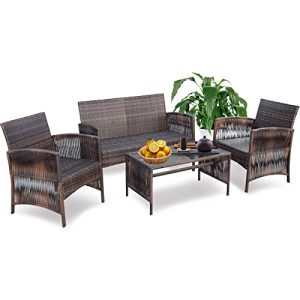 Wimarsbon 4 Pieces Patio Furniture Sets, Outdoor PE Rattan Sofa Chair Set, Wicker Conversation Set, Poolside Lawn Chairs with Tempered Glass Coffee Table, Porch Balcony Garden Furniture
