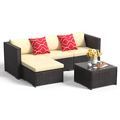 Aiho Outdoor Patio Furniture Sets All Weather Outdoor Sofa PE Garden Furniture Wicker Rattan Patio Conversation Set with Glass Table (Beige)