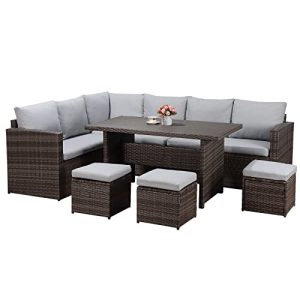 Wumiokio Patio Furniture Set, 7 Pieces Outdoor Patio Furniture with Dining Table&Chair, All Weather Wicker Conversation Set with Ottoman,Grey…