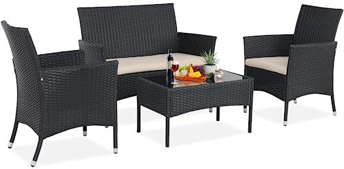 BPTD 4 Pieces Outdoor Furniture Set PE Wicker Ratten Chairs Set Conversation Set Balcony Furniture with Cushion and Table for Backyard, Garden, Porch and Poolside