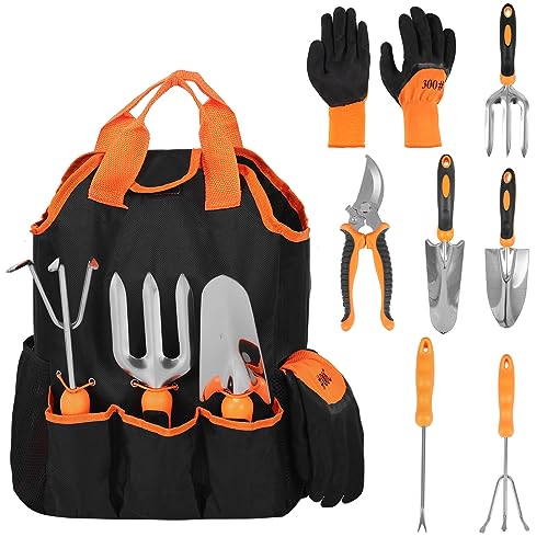 Whonline Gardening Tools Set of 9,Gardening Gifts, Complete Garden Tool Kit,Comes with Non-Slip Rubber Grip Storage Tote Bag