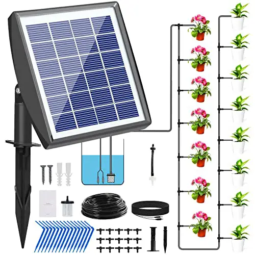 RISINGUP Solar Irrigation System, Drip Irrigation Kit Solar Powered Auto DIY Watering System Supported 15pots, with 6 Timing Modes for for Outdoor Garden,Vegetables and Conservatories