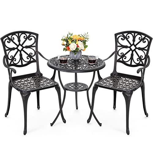 Nuu Garden 3 Piece Bistro Table Set Cast Aluminum Outdoor Furniture Weather Resistant Patio Table and Chairs with Umbrella Hole for Yard, Balcony, Porch, Black with Gold-Painted Edge
