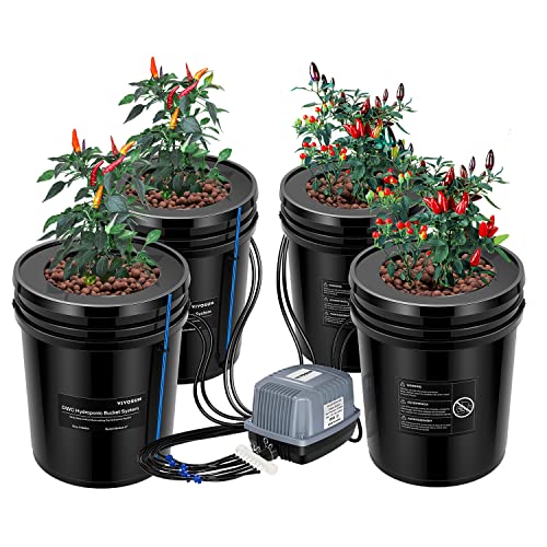 VIVOSUN DWC Hydroponics Grow System, 5-Gallon Deep Water Culture, Recirculating Drip Garden System with Multi-Purpose Air Hose, Air Pump, and Air Stone (4 Bucket + Top Drip Kit)