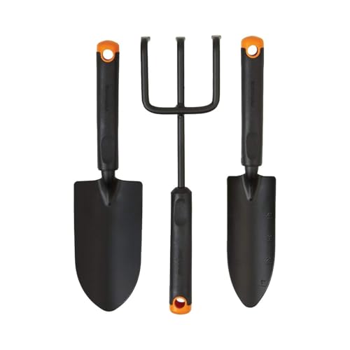 Fiskars 3-Piece Garden Tool Set – Trowel, Transplanter, Cultivator, Rust-Resistant Steel Heads, Ergonomic Handles for Planting, Digging, and Aerating Soil