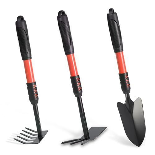 Garden Tool Set, 3Pack Gardening Tools, Stainless Steel Heavy Duty Hand Cultivator, Hoes, Shovel, for Planting Weeding Digging, Gardening Gifts for Women, Red