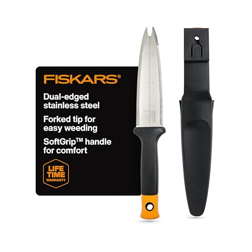 Fiskars Hori Hori Garden Knife with Sheath, Multi-Purpose Heavy Duty Gardening Hand Tool for Weeding, Planting, Digging with Hanging Hole