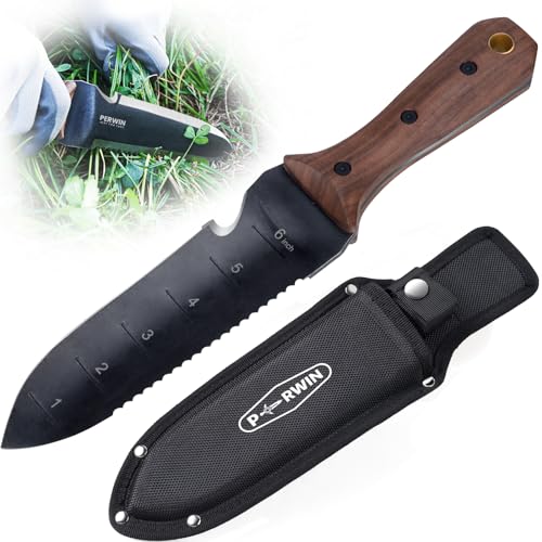 PERWIN Hori Hori Garden Knife, Garden Tools with Sheath for Weeding,Planting,Digging, 7″ Stainless Steel Blade with Cutting Edge, Full-Tang Wood Handle with Hanging Hole
