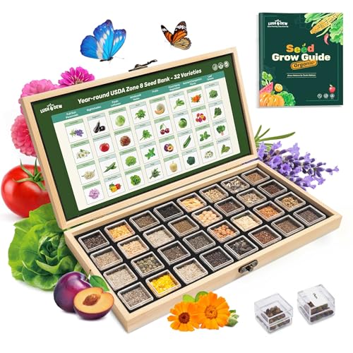 USDA Zone 8 Heirloom Seed Bank, 30,000+ Non-GMO 32 Varieties of Seeds for Planting Vegetables, Survival Seed Kit for Raised Garden Bed, Greenhouse, Gardening Gifts for Women Men