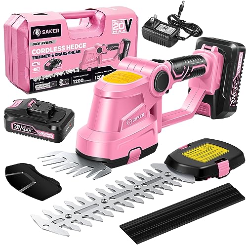 Saker Cordless Hedge Trimmer-20V Electric Shrub Trimmer Grass Shears Handheld Grass Cutter, Hedge Shear with 2 PCS Rechargeable Battery and Charger for Garden, Lawn(Pink)
