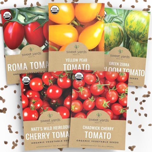 Organic Cherry Tomato Seeds Variety Pack – 5 Individual Packs – 2025 Season – Green Zebra, Matt’s Wild, Chadwick, Yellow Pear and More! for Indoor & Outdoor Planting (Non-GMO, Certified Organic)