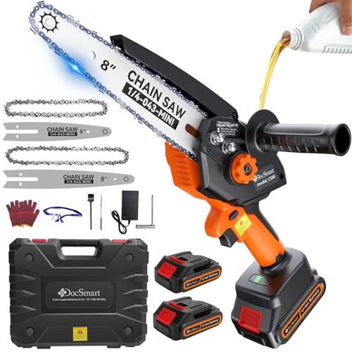 Mini Chainsaw Cordless, 8 inch & 6 inch Electric Chain Saw with 2 Pack Rechargeable Batteries, Battery Powered Handheld Saw Gardening Tools for Trees Branches Trimming Wood Cutting, Orange