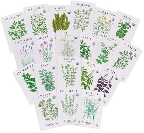 Sereniseed Certified Organic Herb Seeds (20-Pack) – Non GMO, Heirloom – Seed Starting Video – Basil, Cilantro, Oregano, Thyme, Parsley, Lavender, Chives, Sage, Dill Seeds for Indoor & Outdoor Planting