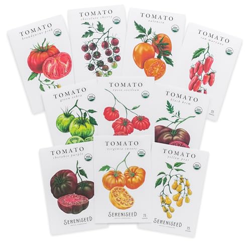 Sereniseed Certified Organic Tomato Seeds (10-Pack) โ Non GMO, Open Pollinated โ Cherokee Purple, Chocolate Cherry, Green Zebra, Brandywine Pink, Black Krim and More – Tomato Seeds for Planting
