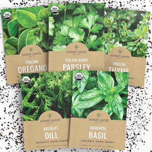 Organic Herb Seeds Variety Pack – 5 Individual Packs – 2025 Season – Basil, Oregano, Dill, Thyme & Parsley. for Indoor & Outdoor Planting (Non-GMO, Certified Organic)