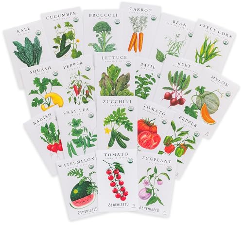 Sereniseed Certified Organic Vegetable Seed Collection (20-Pack) – 100% Non GMO, Open Pollinated Varieties
