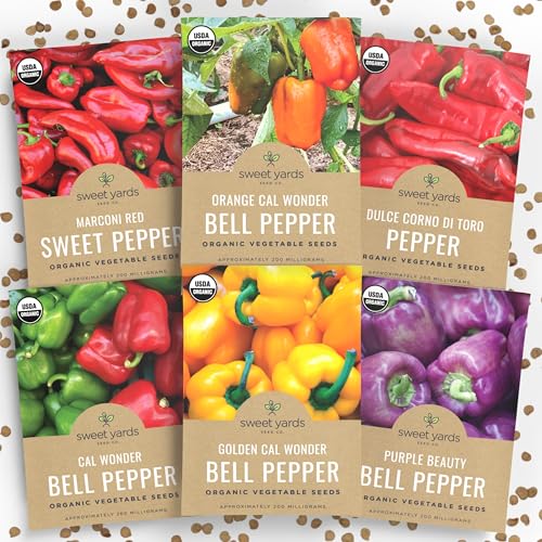 Organic Sweet Pepper Seeds Variety Pack – 6 Individual Packs – 2025 Season – Red, Orange, Yellow, Green and More! for Indoor & Outdoor Planting (Non-GMO, Certified Organic)