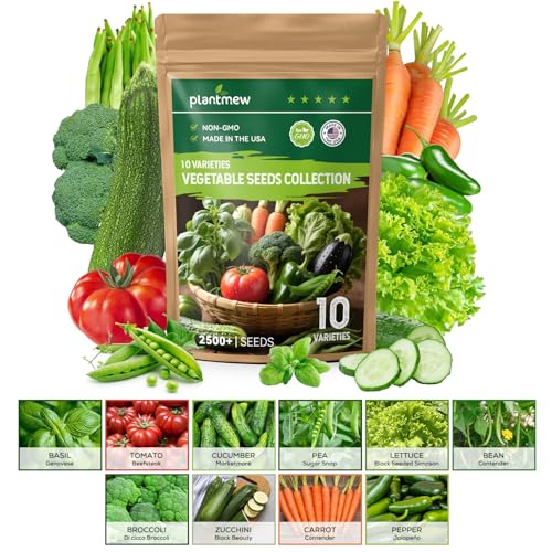 PLANTMEW 10 Vegetable Seeds Pack – Non GMO, Heirloom – Basil, Snap Pea, Broccoli, Bean, Jalapeño Pepper, Tomato, Lettuce, Cucumber, Carrot, Zucchini Seeds for Planting Home Garden