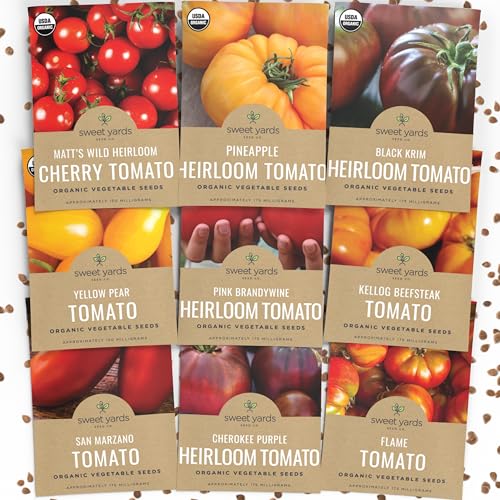 Organic Tomato Seeds Variety Pack – 9 Individual Packs – 2025 Season – Roma, Cherry, Black Krim, Yellow Pear, Pineapple and More! for Indoor & Outdoor Planting (Non-GMO, Certified Organic)
