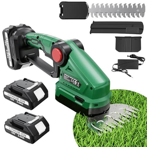 Hedge Trimmer Cordless with Battery and Charger, Quick Charge, 2-in-1 Small Electric Hedge Trimmers Rechargeable, Mini Handheld Grass Shears Weed Bush Shrub Trimmer for Garden Lawn, 2X 3.0 Ah Battery