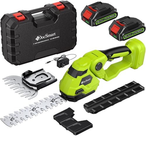 Hedge Trimmer Cordless with Battery, 2-in-1 Electric Handheld Grass Shear Cutter with 2 Pack Rechargeable Battery, Mini Bush Trimmer Kit for Garden Yard Lawn Pruning, Green