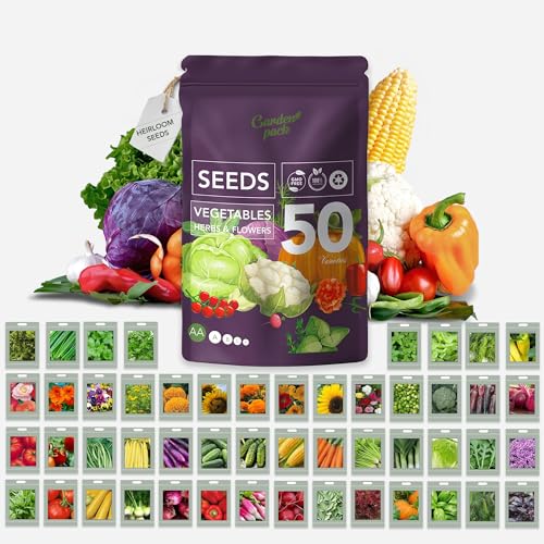 Garden Pack Vegetable Seeds Pouch – 50 Varieties of Vegetable, Herb & Flower Seeds for Planting – 25,000 Non GMO Heirloom Seeds – Gardening Gifts for Men and Women