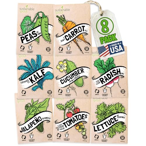 Garden Seeds for Planting Vegetables: 8 Organic Vegetable Seeds Variety Pack Planting Indoors & Outdoor, Veggie Bell Pepper, Zucchini, Kale Cucumber Peas & More Hydroponic Seeds by Sustainable Sprout