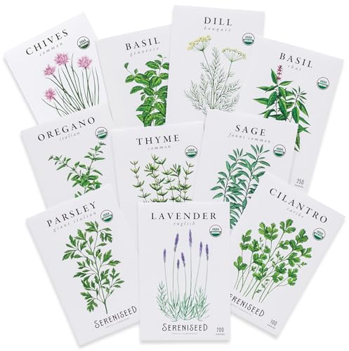 Sereniseed Certified Organic Herb Seeds (10-Pack) – Non GMO, Heirloom – Seed Starting Video – Basil, Cilantro, Oregano, Thyme, Parsley, Lavender, Chives, Sage, Dill Seeds for Indoor & Outdoor Planting
