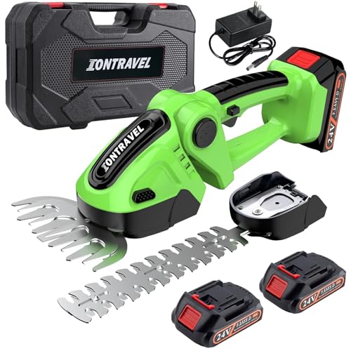 Cordless Hedge Trimmer & Grass Shears -24V Electric Shrub Trimmer Grass Shears Handheld Grass Cutter, Hedge Shear with 2 PCS Rechargeable Battery, Charger and Toolbox to for Garden, Lawn,Green