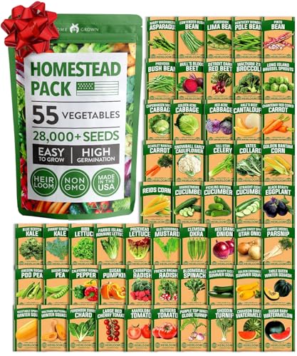 HOME GROWN ๐จ๐ฆ๐ ๐ฃ๐ฅ๐๐ ๐๐จ๐ 55 Vegetable Seeds Pack 28,000+ Non-GMO Heirloom Seeds for Planting Vegetables, Survival Seed Vault, Garden Kit for Spring Fall Winter, Gift for Gardeners