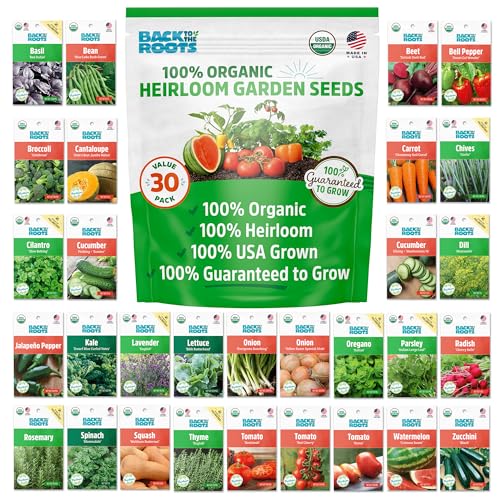 Back to the Roots Heirloom Organic, Non-GMO & USA Grown Seeds, 30ct Herb, Fruit, and Veggies, Assortment May Vary, Guaranteed to Grow