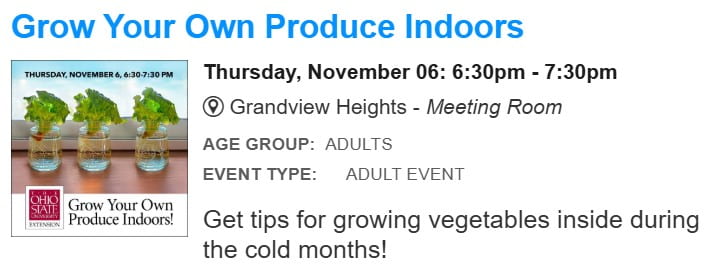 Home Hydroponics Class at the Grandview Library on Thursday November 6th at 6:30pm