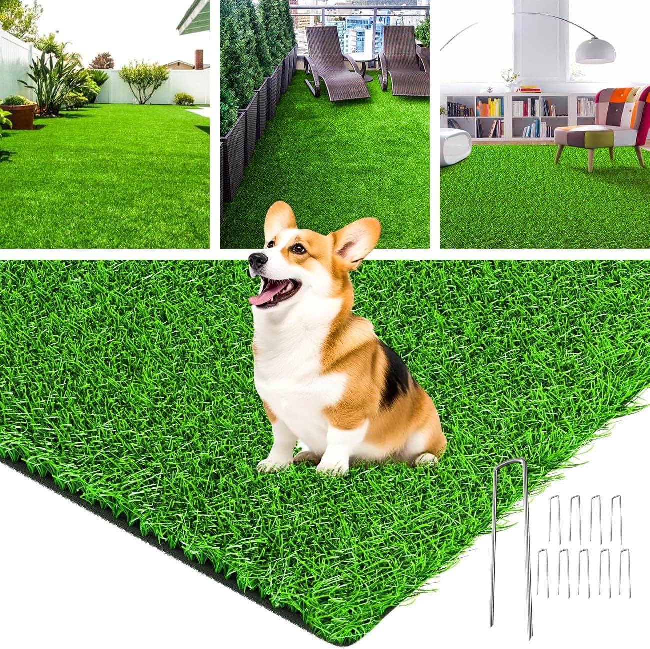 LOOBANI Artificial Turf Indoor Outdoor, Realistic Synthetic Grass with Drainage Holes, Artificial Grass Turf for Balcony Garden Landscape Decoration, 5 Feet x 10 Feet
