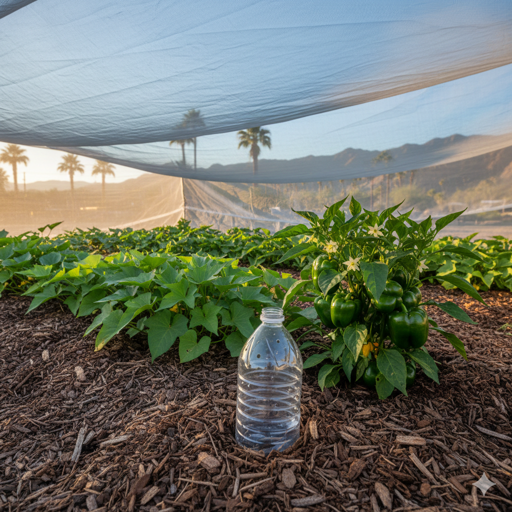 shaded plants with bottled water
