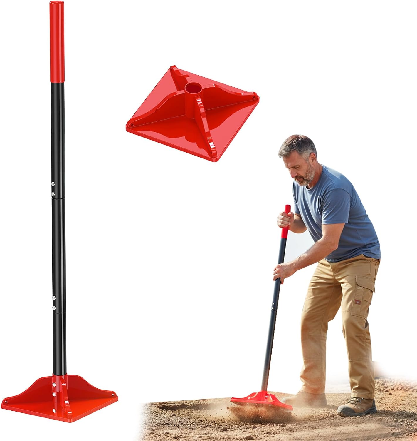 8″ x 8″ Steel Tamper Tool, 48″ Long Handle Heavy Duty Hand Compactor for Soil, Gravel, Dirt & Asphalt, Ergonomic Ground Leveler for Pavers, Driveway Repair, Lawn & DIY Landscaping