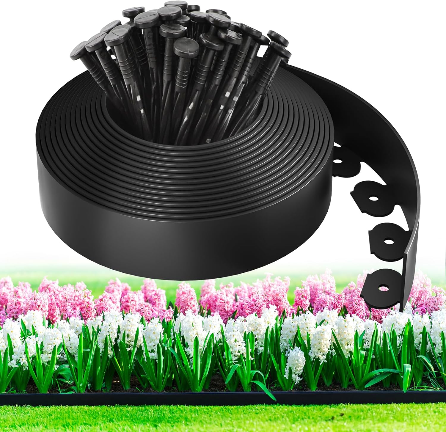 MIXC 33ft, 1.5in Tall Landscape Edging Kit with 50 Spikes, Not Digging Flexible Plastic Edge Border for Landscaping, Lawn, Garden, Flower Beds, Yard, Paver, Playground, Fence, Pathway,1pack,33ft