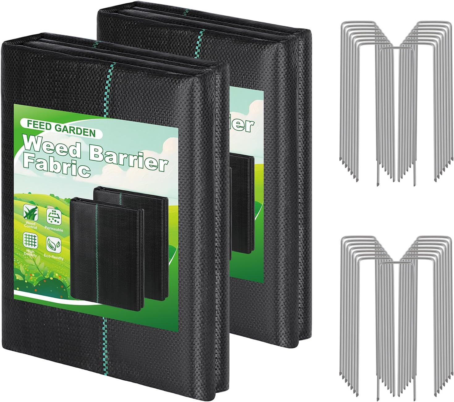 FEED GARDEN 4FT x 100FT Landscape Fabric Weed Barrier Fabric, Heavy Duty 3.2oz Ground Cover Geotextile Fabric for Gardening, with 30 U-Shaped Stakes (2 Pack 4x50FT)