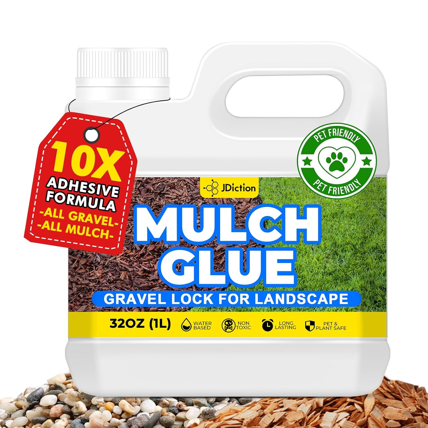 JDiction Mulch Glue for Landscaping – 32OZ Gravel Binder, Rubber Mulch Stabilizer, Landscape Mulch Lock Adhesive, Max Concentrated Rock Glue for Landscaping, Non-Toxic, Fast Drying, Lasts up to 2 Year