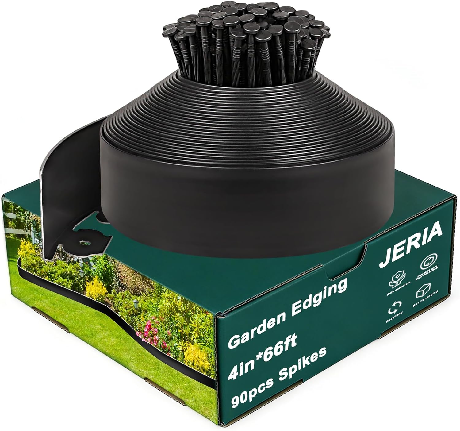 JERIA 4 Inch Tall 66 FT Garden Edging Kit with 90pcs Spikes, Plastic Edging for Landscaping