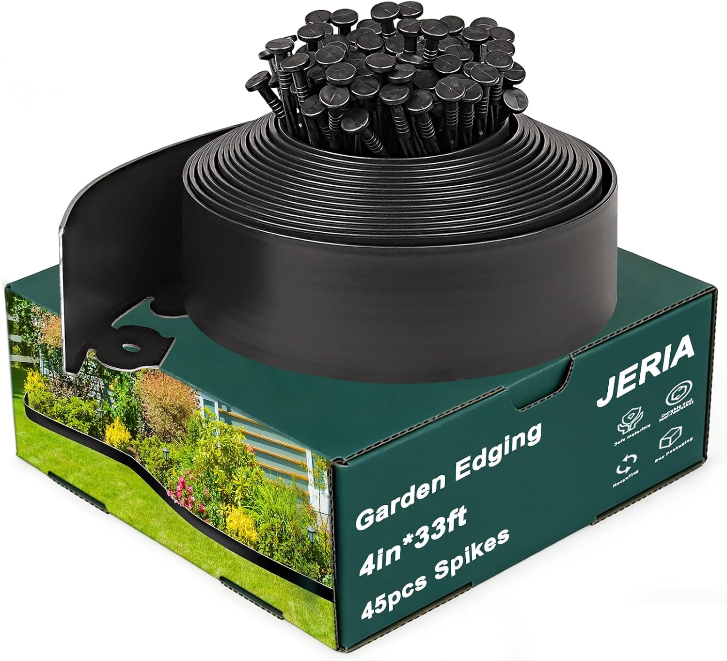 JERIA 4 Inch Tall 33 FT Garden Edging Kit with 45pcs Spikes, Plastic Edging for Landscaping
