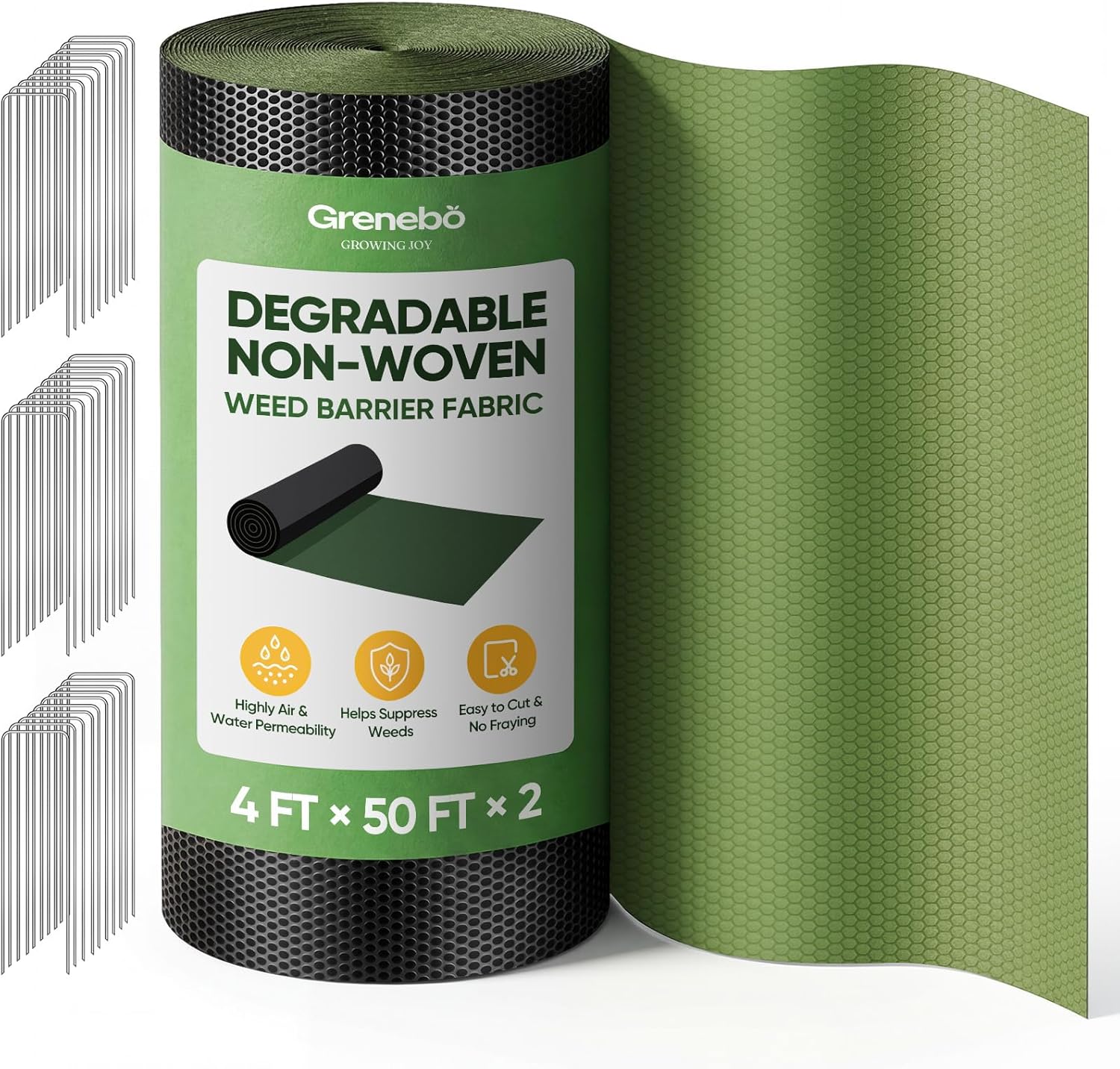 Grenebo 4FT x 100FT Heavy Duty Weed Barrier Landscape Fabric | Non-Woven Garden Cloth, Easy to Cut & Fray Resistant, Breathable Ground Cover with 30 Staples, Garden Beds & Plots