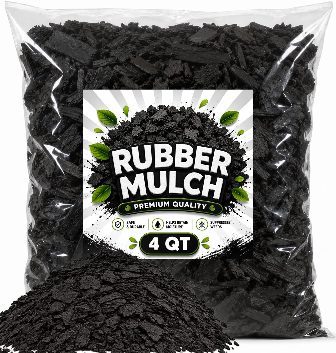 Premium Black Rubber Mulch 4 QT – Long Lasting Decorative Landscaping Ground Cover, Recycled Rubber Chips for Gardens, Flower Beds, Plants & Pathways, Fade Resistant Outdoor Mulch