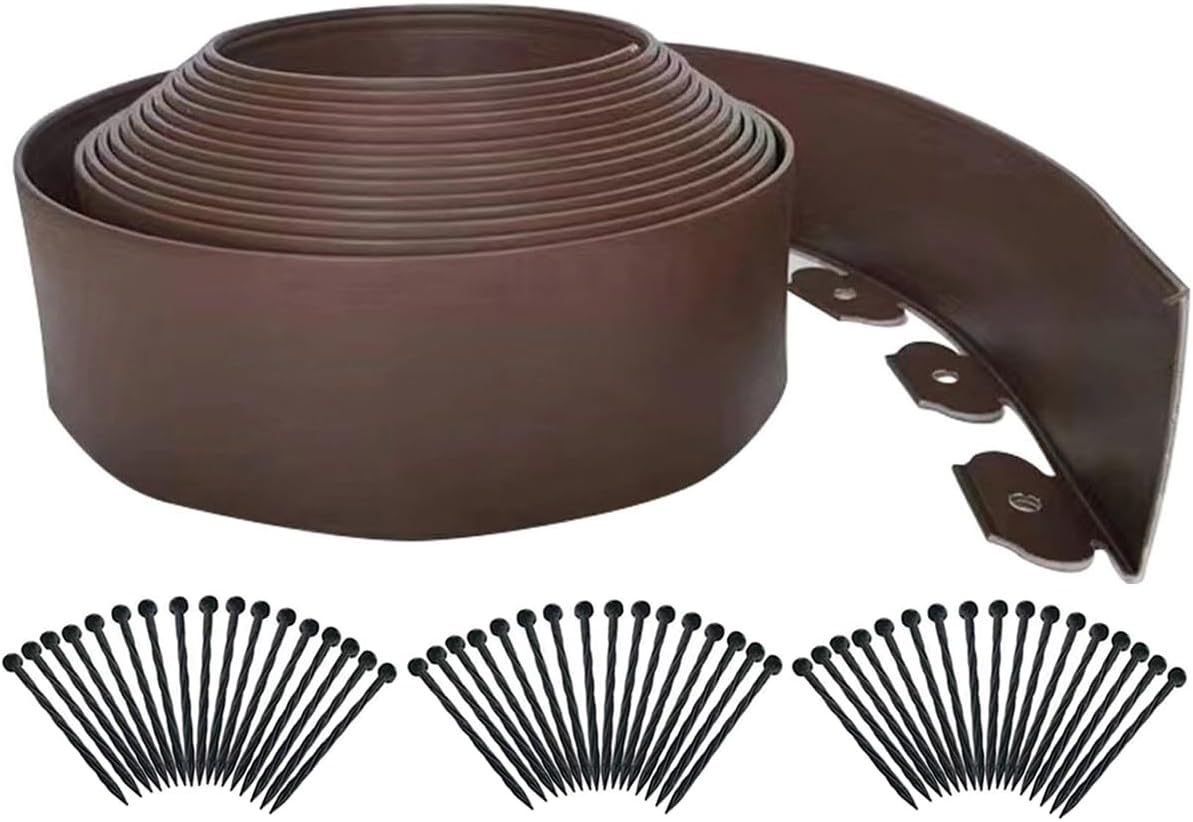 Landscape Edging 33ft,Garden Edging Borders[Extra Tall 4IN ] Flexible Lawn Edging Kit with Total 50pcs Spikes, Heavy Duty Landscaping Edge Plastic Fence for Tree Yard Grass Flower Bed -Brown