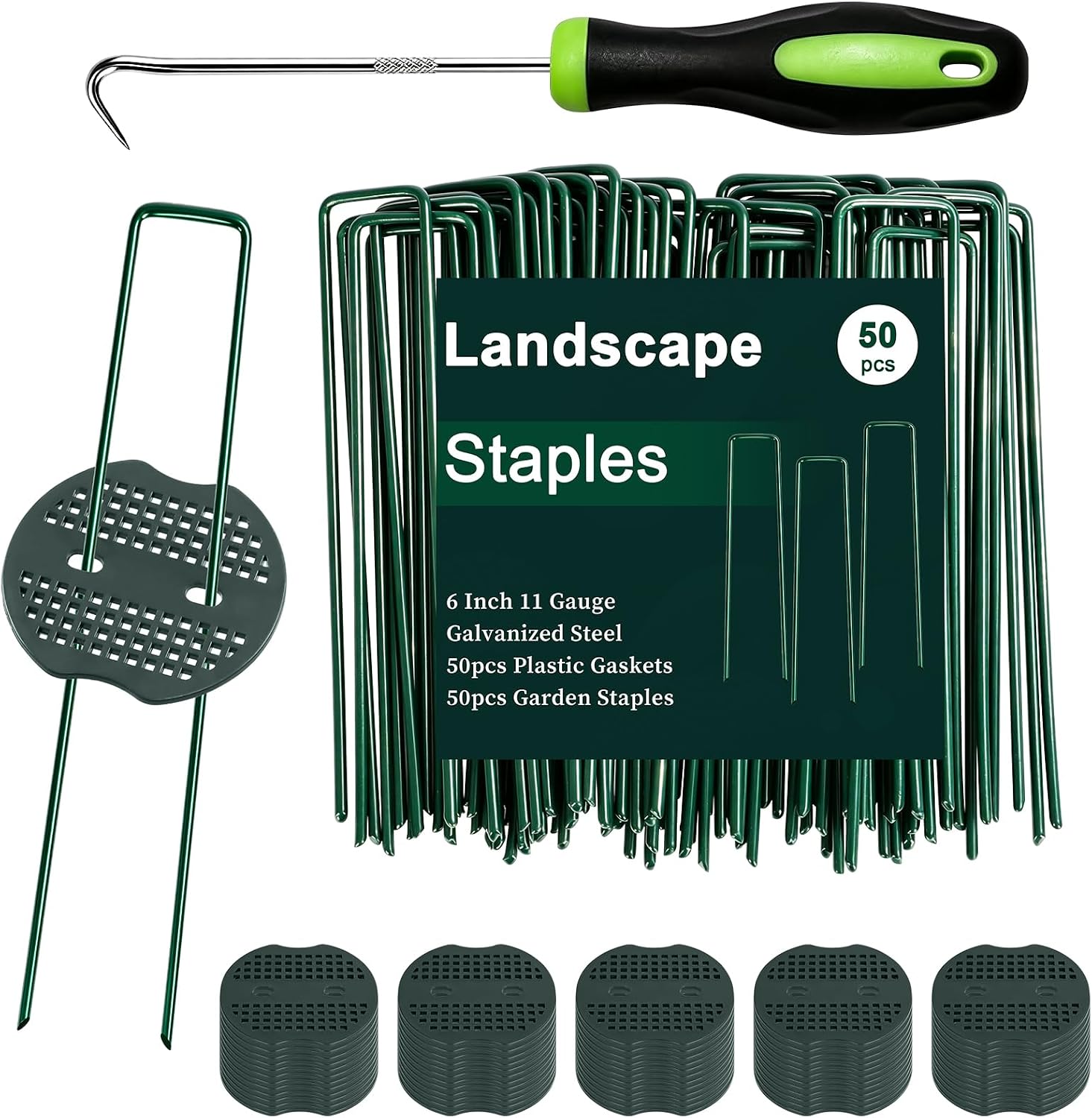 6 Inch 50 Pcs Galvanized Landscape Staples 50 Pcs Gaskets Pick Hook Garden Stakes 11 Gauge Anti-Rust Landscaping Fabric SOD Pins U Shaped Yard Turf Stakes for Weed Barrier Fabric Green
