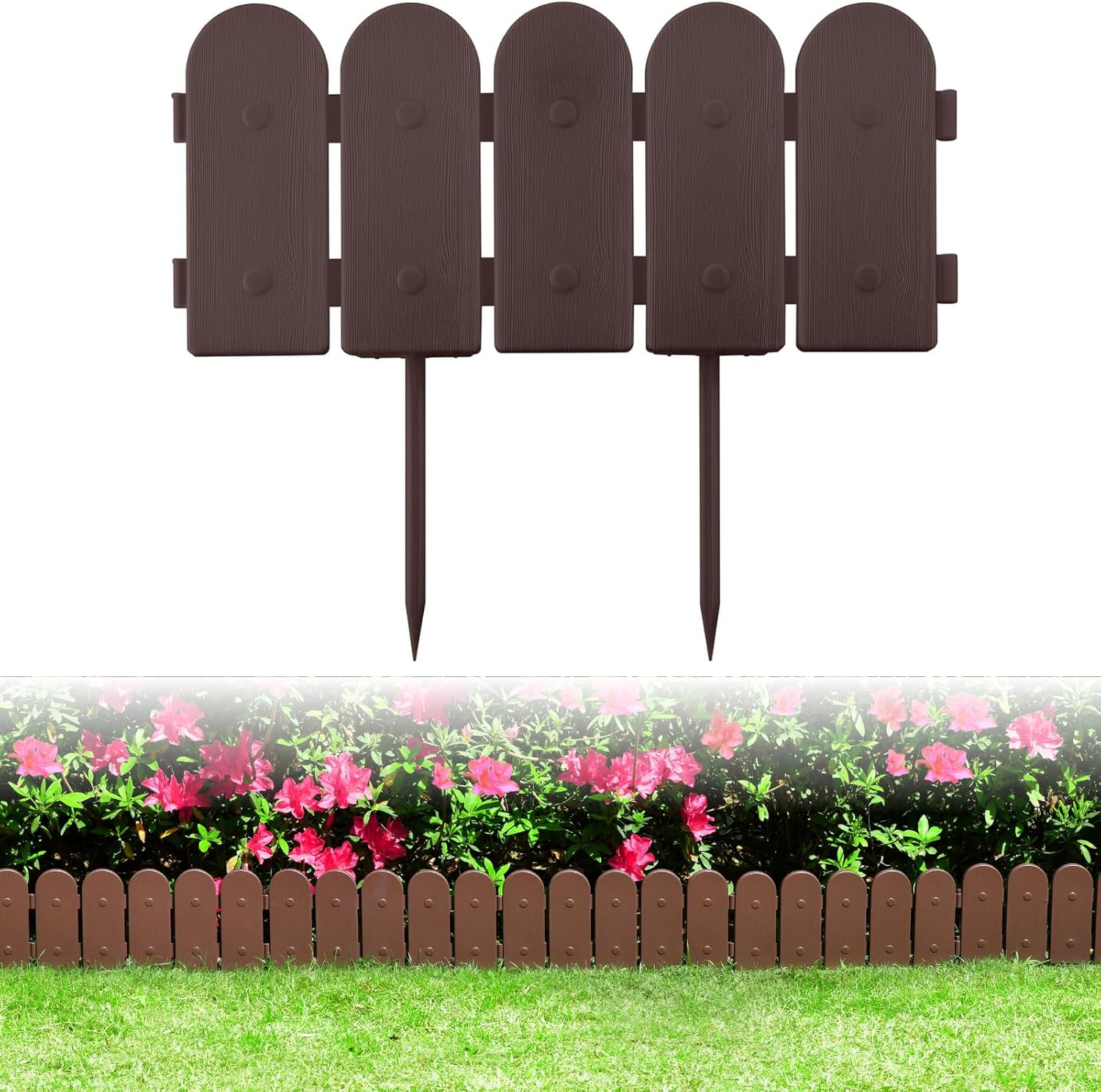 Garden Border Plastic Edging: Wooden Fence Design – 8pcs Brown Yard Landscaping Fence Liner Lawn Edge Barrier – 10ft Kit of Decorative Lawn Panels Elements -Landscaping Edging-GMT-10374-A08