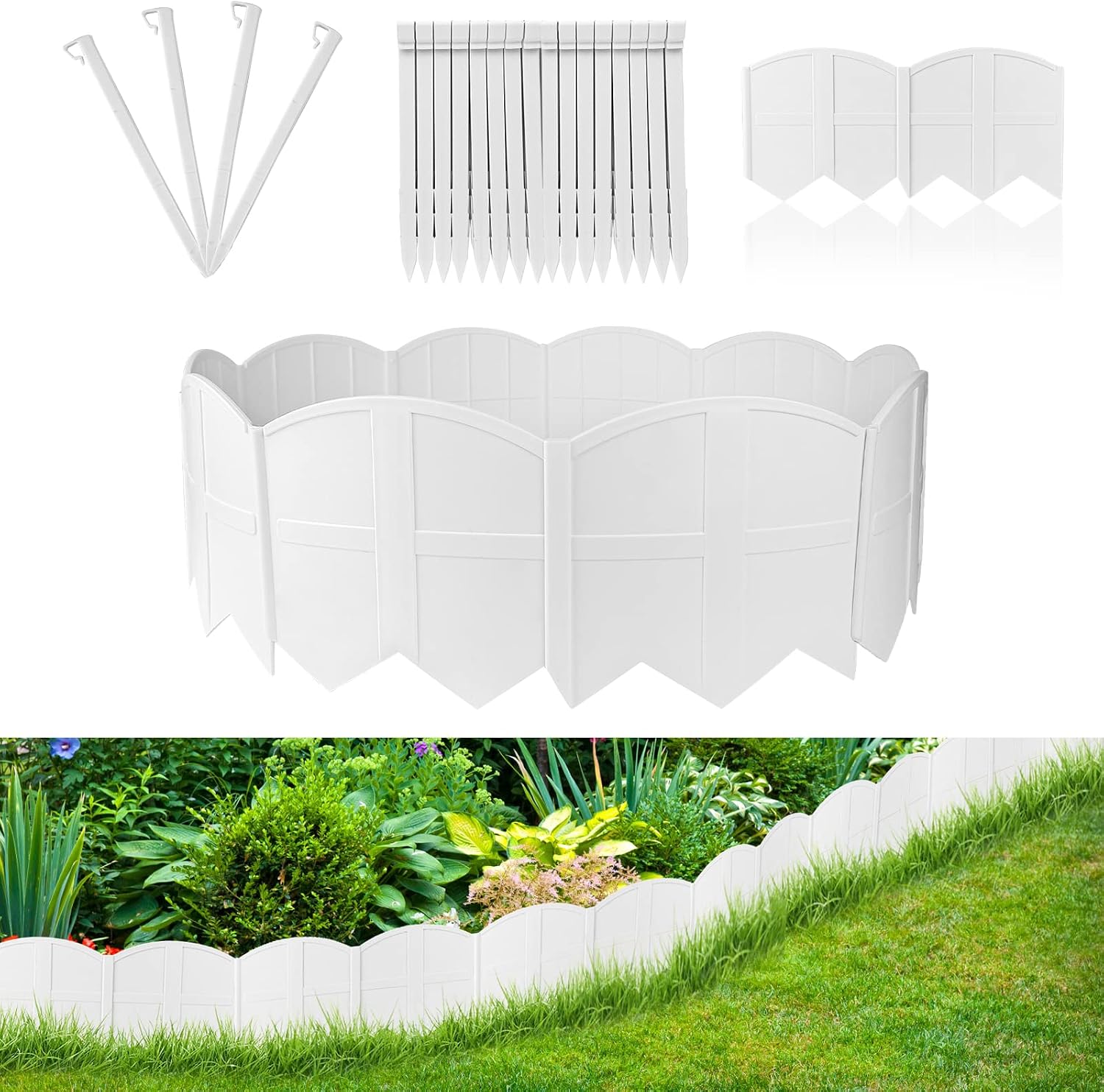 6 Inch Tall 20Ft White Landscape Edging Border with 7.8In Stakes,20Pcs | Garden Borders for Outdoor Edging with Stakes for Easy Installation,Plastic Garden Edging for Defining Flower Bed,Lawn & Yard