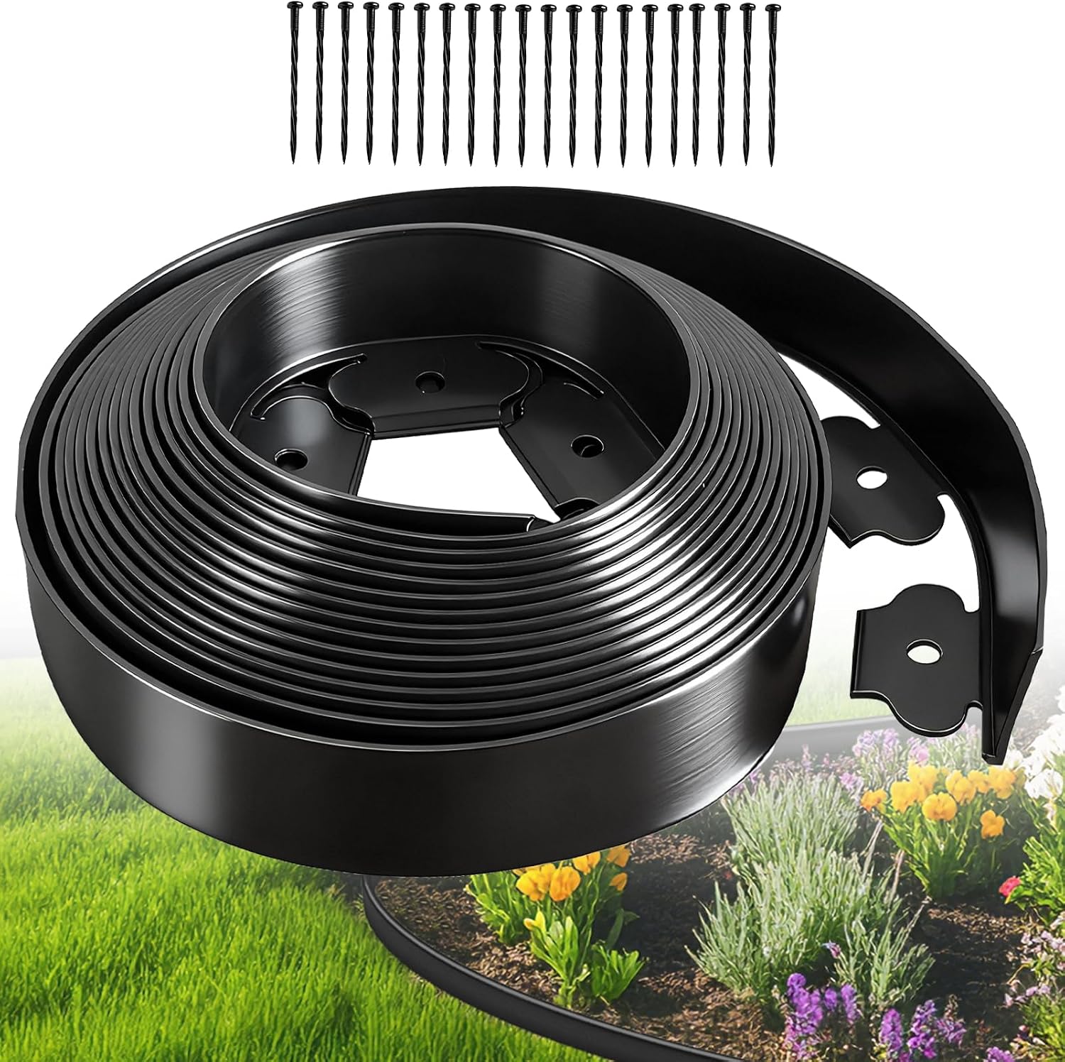 Landscape Edging, Garden Edging Border No Dig 2″ Tall x 20’with 20 Stakes, Plastic Edging for Landscaping Border – Easy Install & Cut, Flexible for Flower Beds, Lawn, Yard, Paver