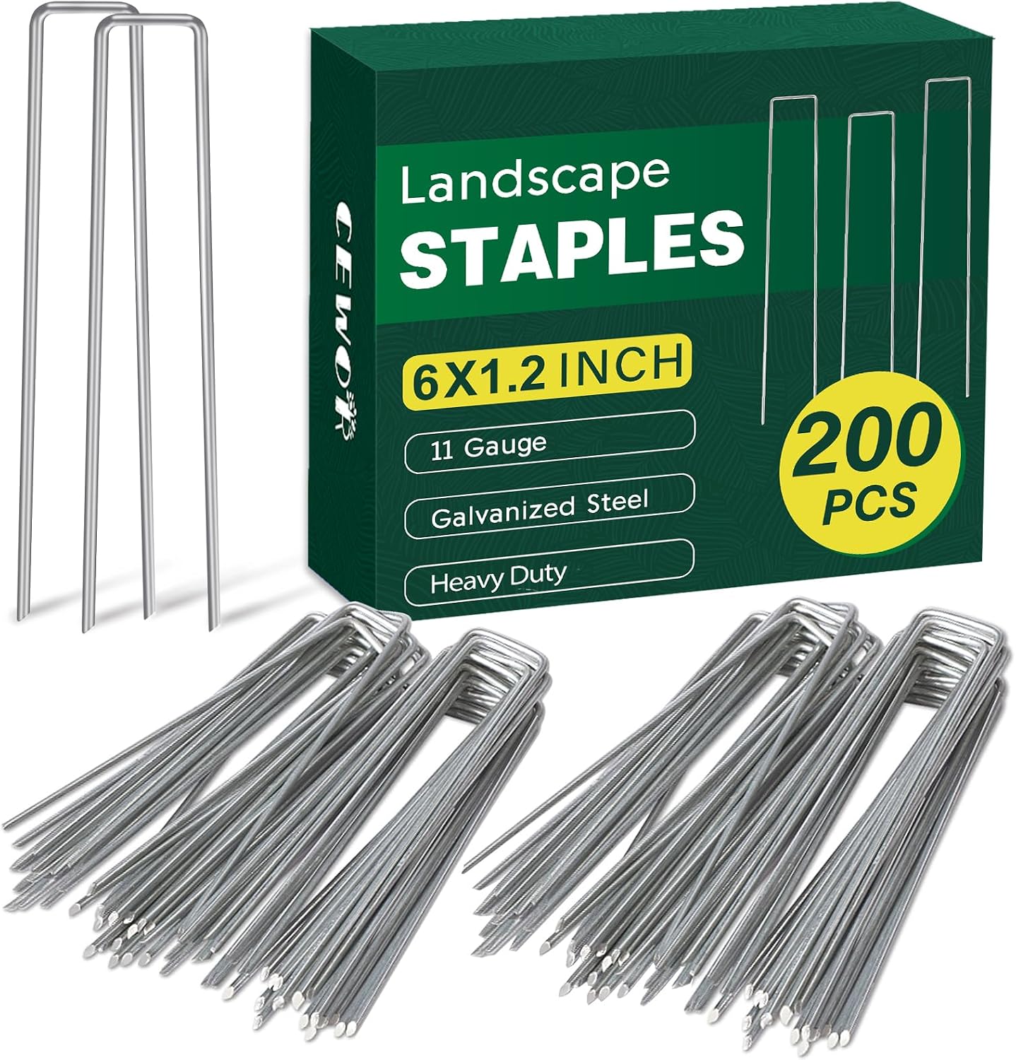 CEWOR 200 Pack Landscape Staples 6 Inch, 11 Gauge Garden Stakes | Galvanized Ground Staples Heavy Duty U Pins Yard Stakes for Landscape Fabric, Weed Barrier, Tent, Lawn, Sod, Turf